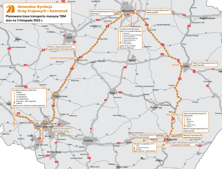 Mapa przejazdu TBM do miejsca drążenia tunelu na S19. Źródło: GDDKiA